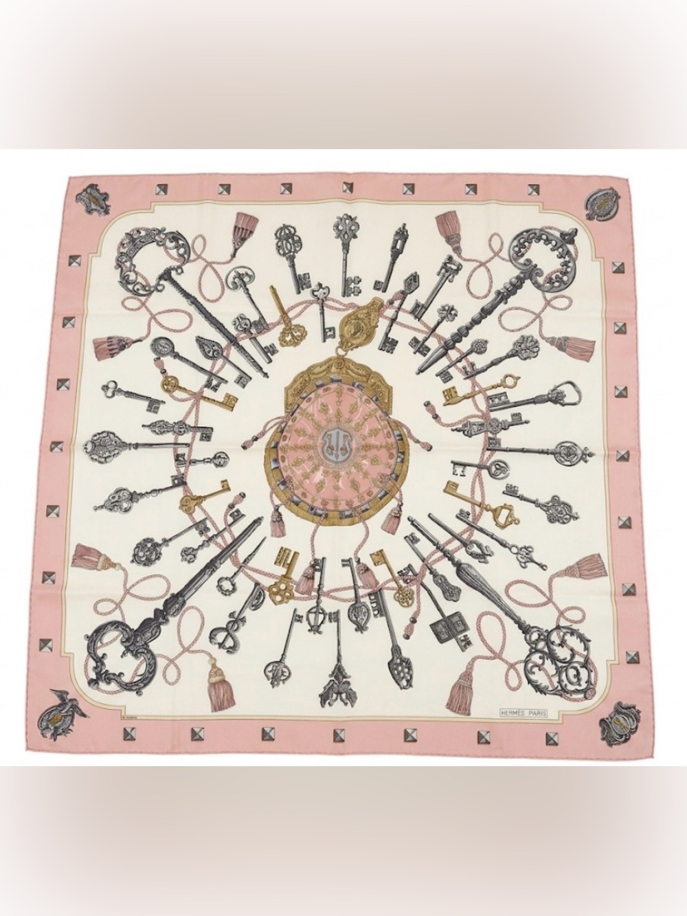 HERMES Silk Scarf "Les Clefs" (The Keys) Pink Multi 90cm by Caty Latham